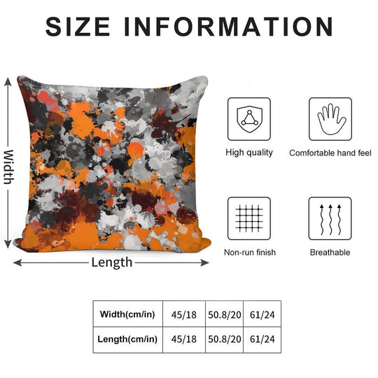 Orange And Grey Paint Splatter Soft Hidden Zipper Throw Pillow