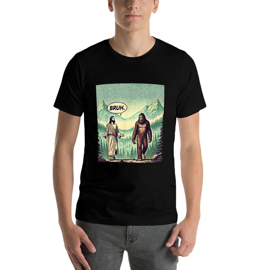 Bruh Meme Funny Jesus Bigfoot Vintage Comic Book Catholic  Easy-care T-Shirt