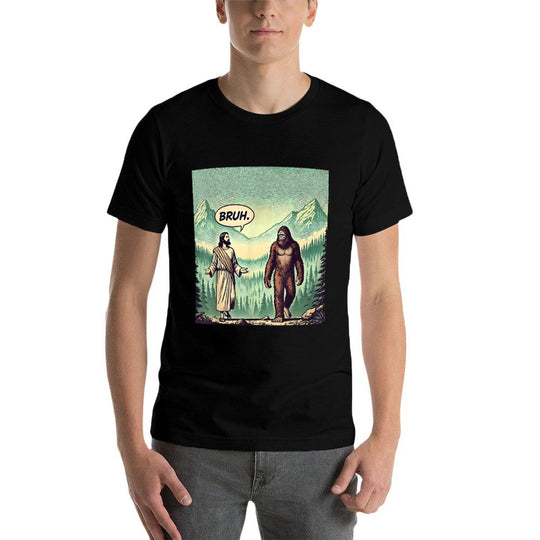 Bruh Meme Funny Jesus Bigfoot Vintage Comic Book Catholic  Easy-care T-Shirt