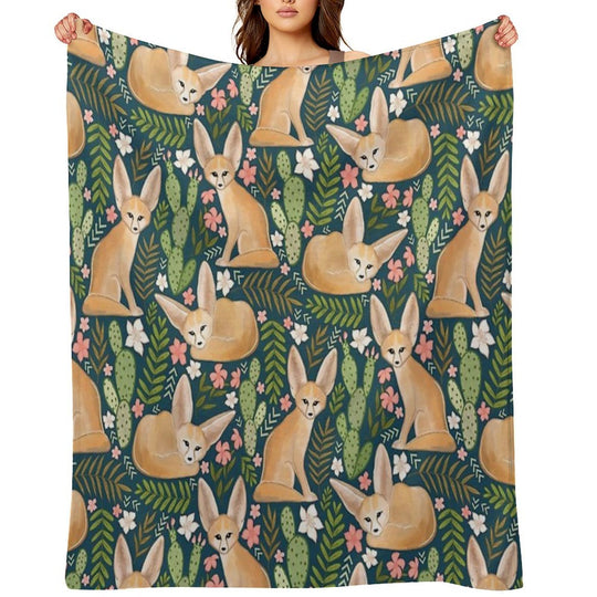Fantastic Fennec Foxes on Navy Wrinkle-free Throw Blanket