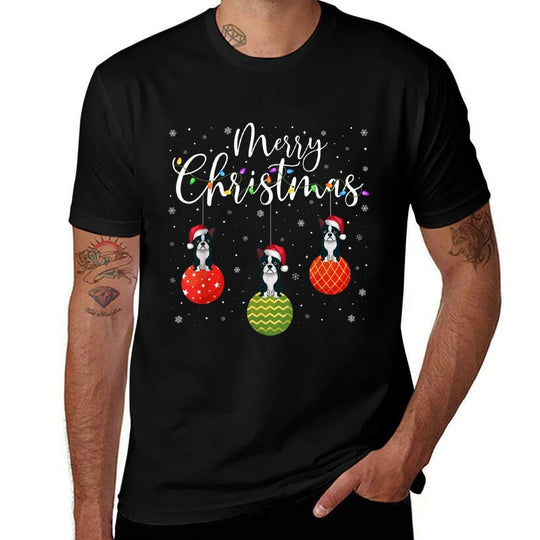 Merry Christmas Lights Santa Hat Boston Terrier Ugly Xmas  Summer-ready Fabric T-Shirt