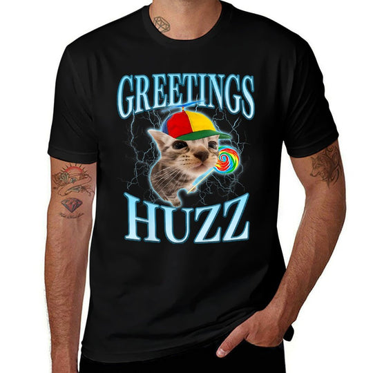 Greetings Huzz Funny Cat Meme Lovers Silly Cats Brainrot  Summer-ready Fabric T-Shirt