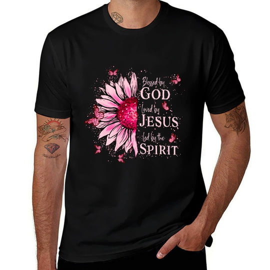 Blessed By God - Loved By Jesus Pink Sunflower  Graphic-printed T-Shirt