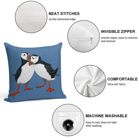 Puffin Pair Blue Soft Decorative Cover Throw Pillow