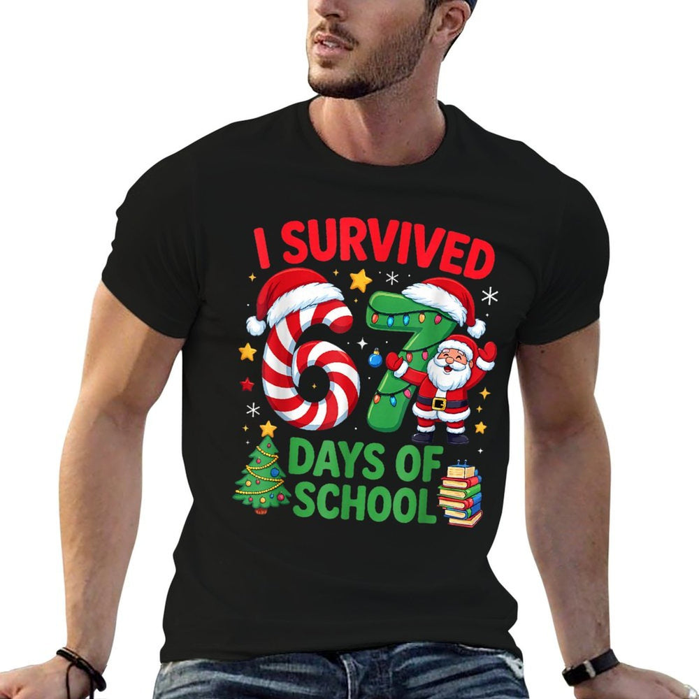 I Survived 67 Days of School Christmas Candy Cane Six Seven  Soft T-Shirt