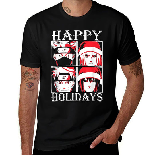 Naruto Shippuden Happy Holidays Characters Anime  Heathered Texture T-Shirt
