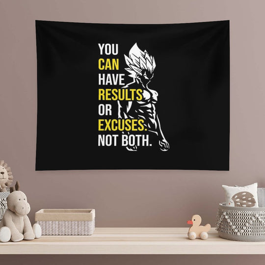Results Vs Excuses - Vegeta Gym Motivational Tapestry