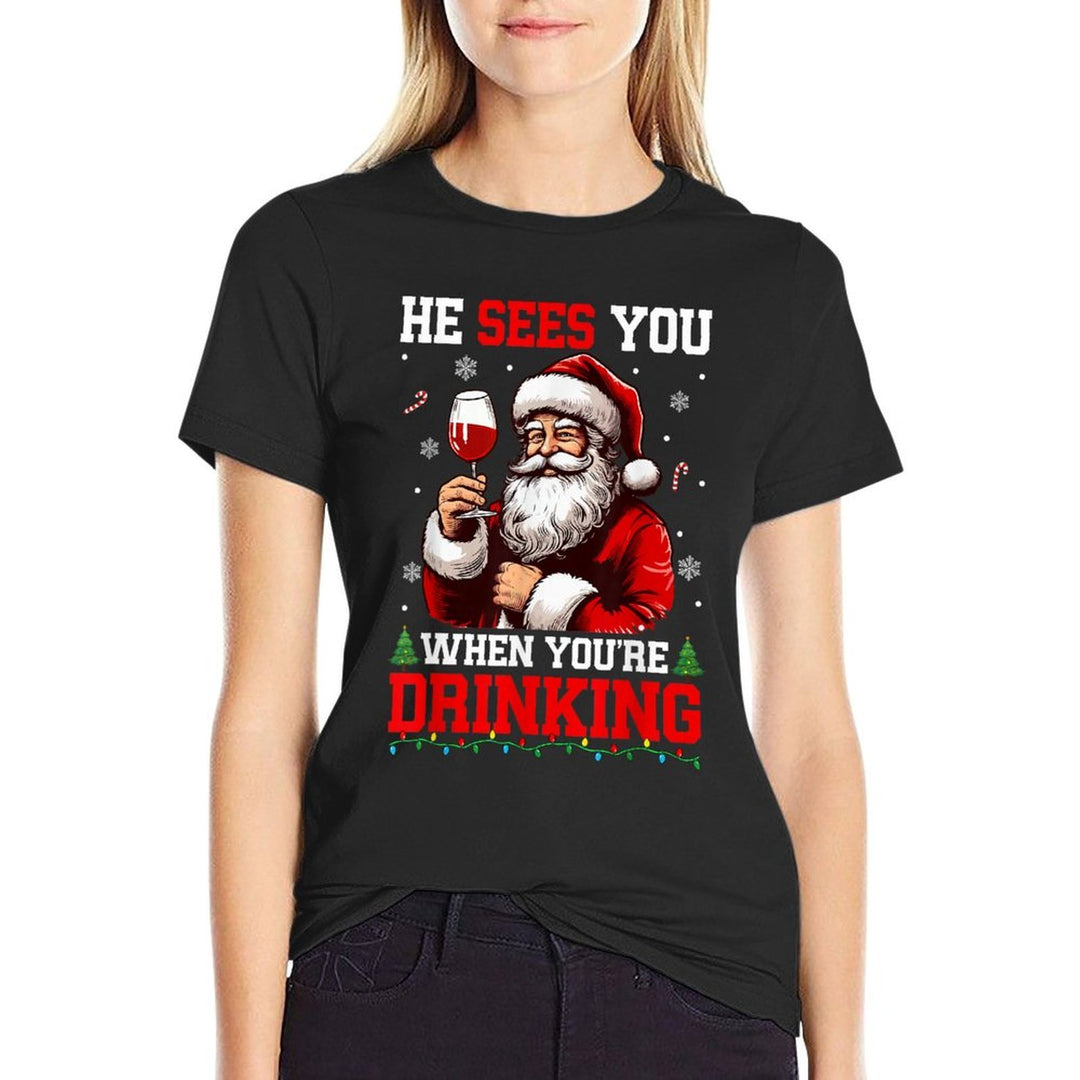 He Sees When Youre Drinking Christmas Santa Drinking Wine  Polyester Blend T-Shirt