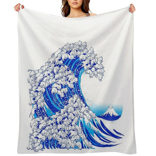 Kanagawa Cat Wave White Machine-washable Throw Blanket