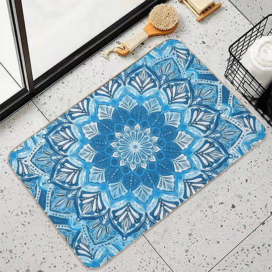 Boho Mandala in Monochrome Blue And White  Easy To Clean Bath Mat