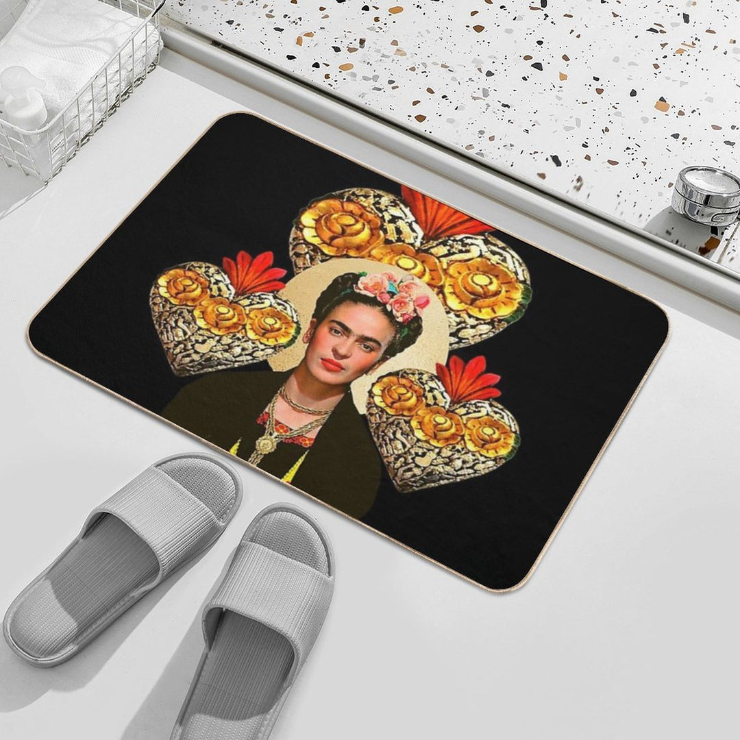Frida Kahlo Portrait Color, Flowers And Sacred Heart, Black Background  Long-Lasting Bath Mat