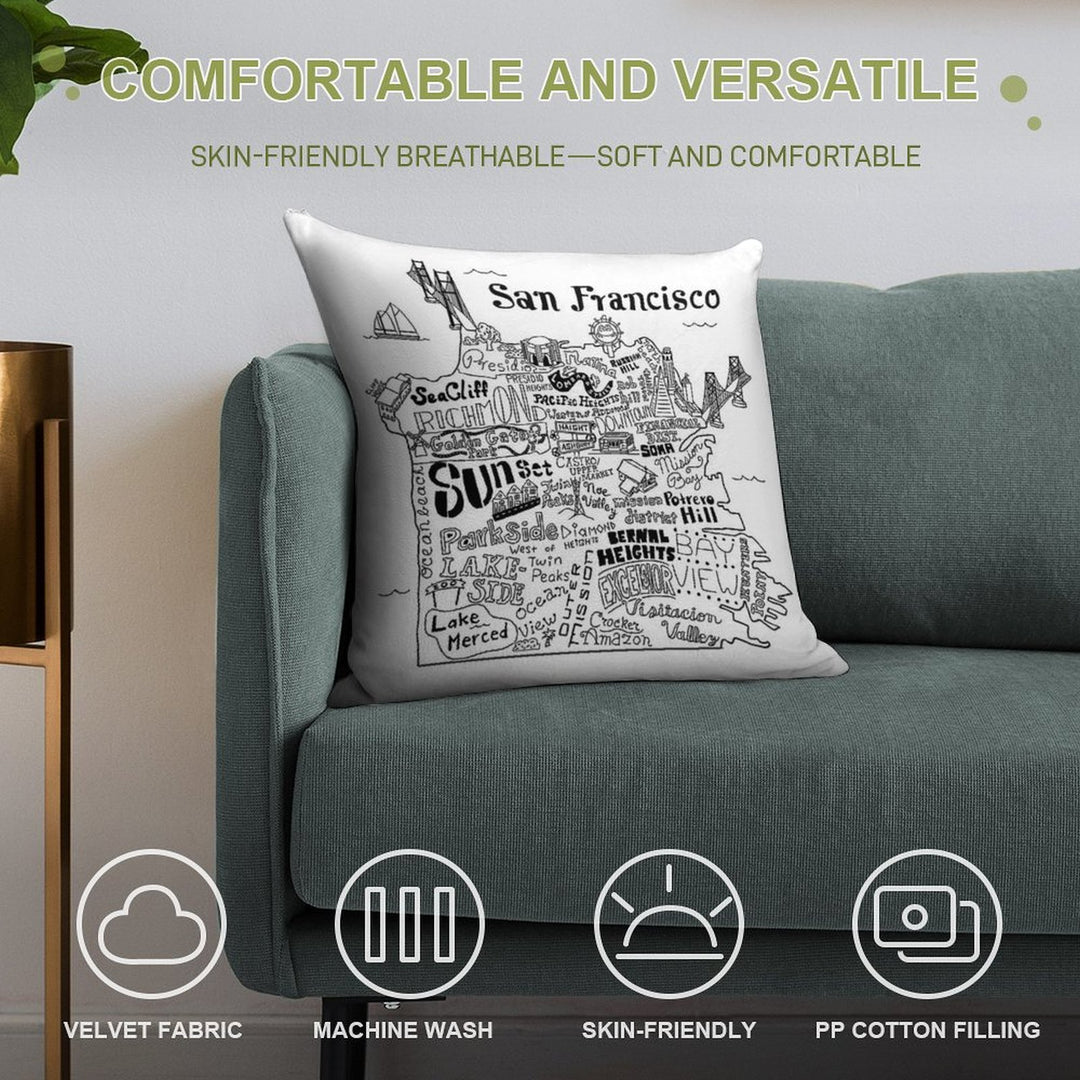 San Francisco Illustrated Map Soft High-Density Material Throw Pillow