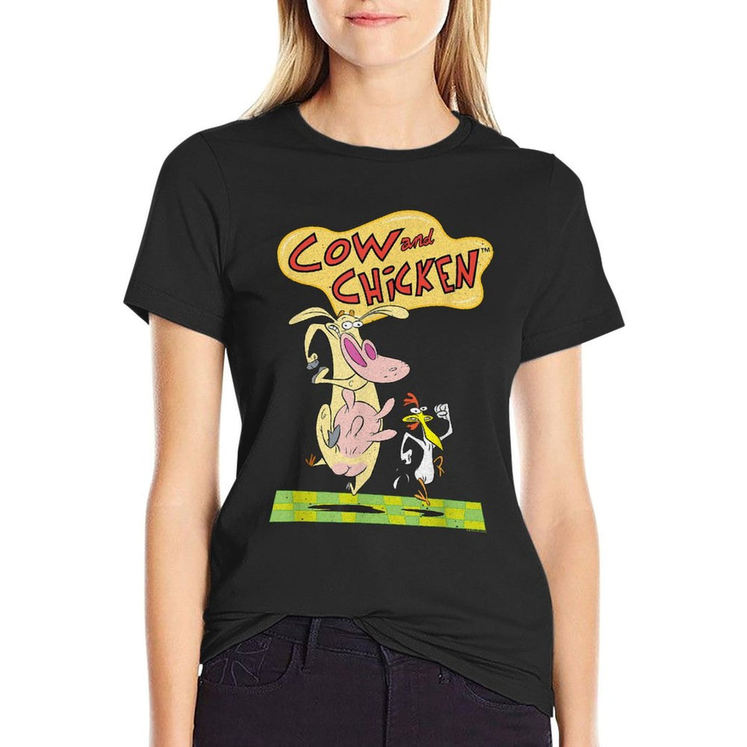 Cow And Chicken Vintage Running Characters Cartoon  Stretchy T-Shirt
