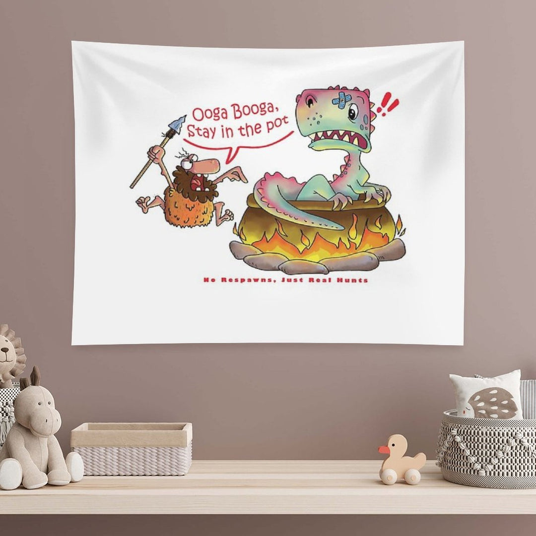 Funny Caveman Dino T-shirt - Ooga Booga Hunter Tee Tapestry