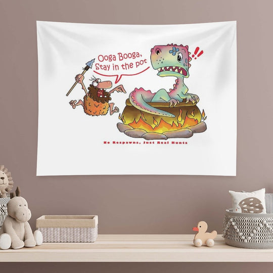 Funny Caveman Dino T-shirt - Ooga Booga Hunter Tee Tapestry