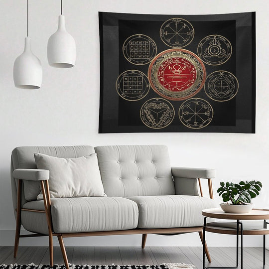 Gold Seal of Solomon over Seven Pentacles of Saturn on Black Canvas Tapestry