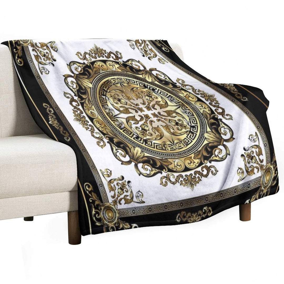 Ornate Baroque White Gold Black Greek Key Meander Sustainable Throw Blanket