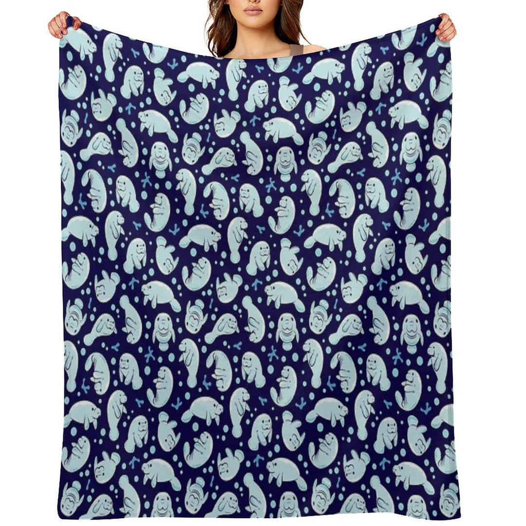 Cute Manatee Pattern - Blue Underwater Pattern Travel-friendly Throw Blanket