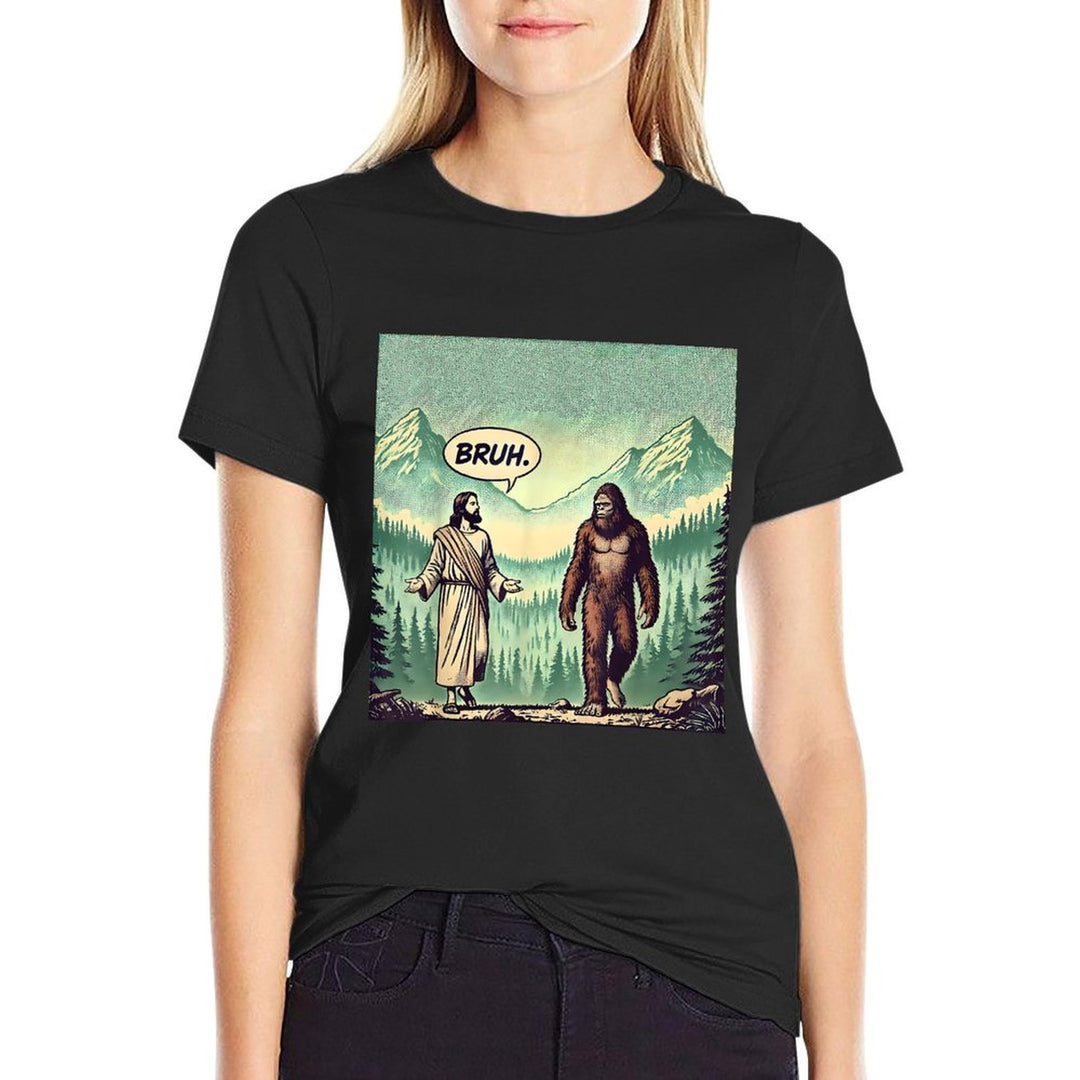 Bruh Meme Funny Jesus Bigfoot Vintage Comic Book Catholic  Easy-care T-Shirt