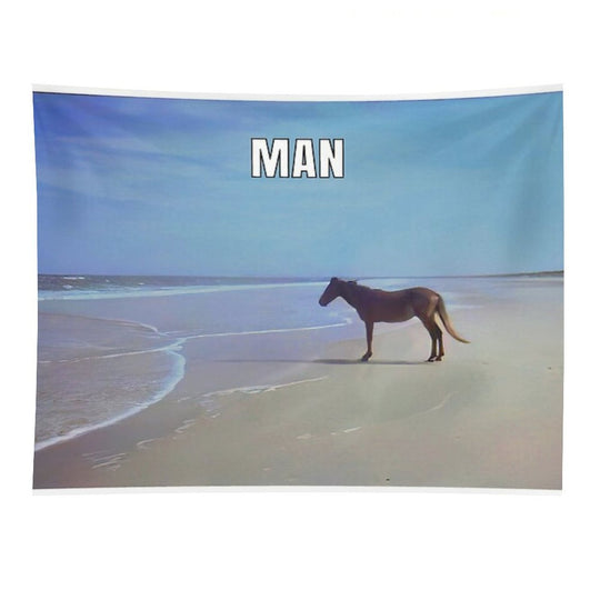 Man ♞ HD  Horse on Beach Meme Tapestry