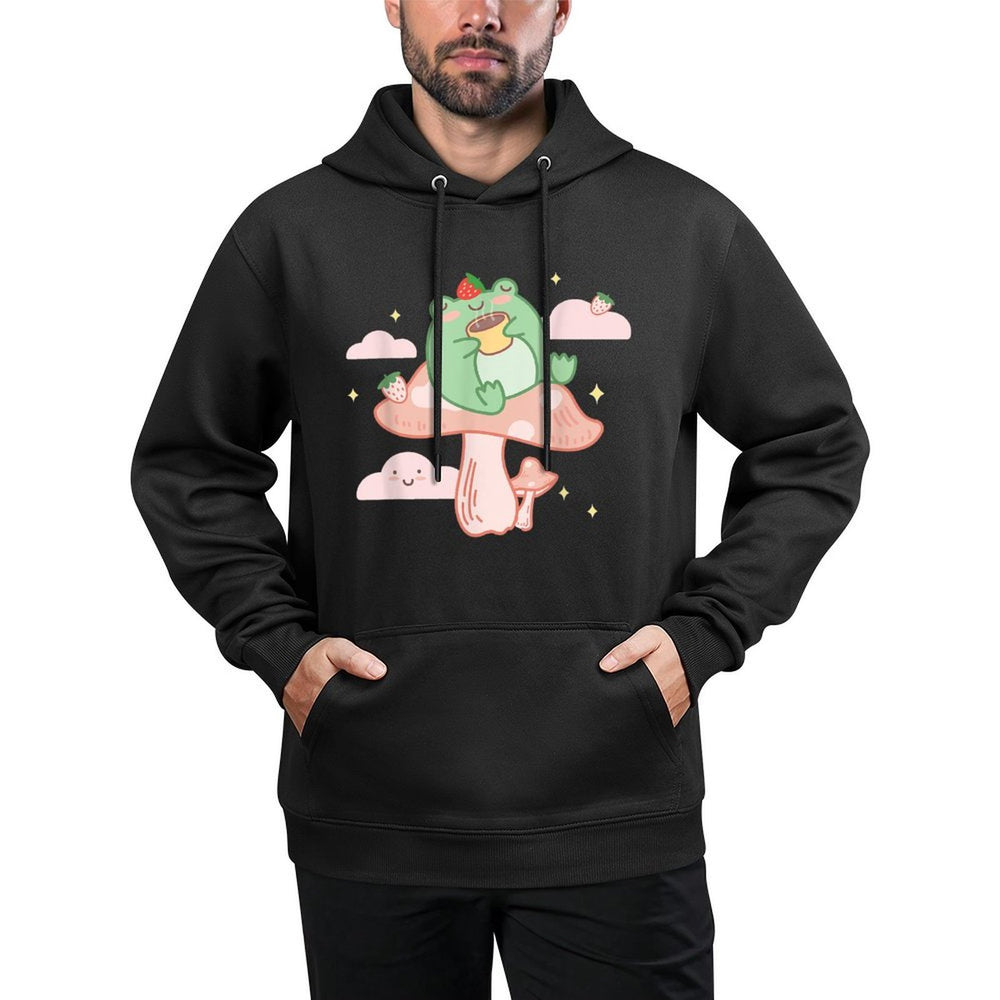 Kawaii Strawberry Frog On Mushroom Pink Anime Cottagecore Kangaroo Pocket Hoodie