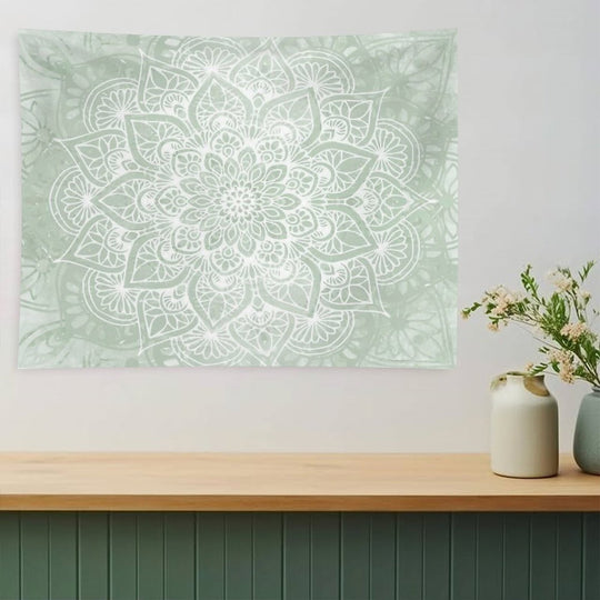 Mandala, Yoga Love, Sage Green, Boho Art Tapestry