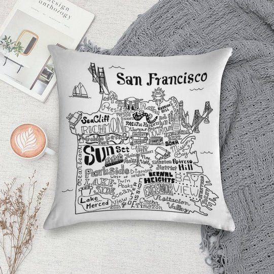 San Francisco Illustrated Map Soft High-Density Material Throw Pillow