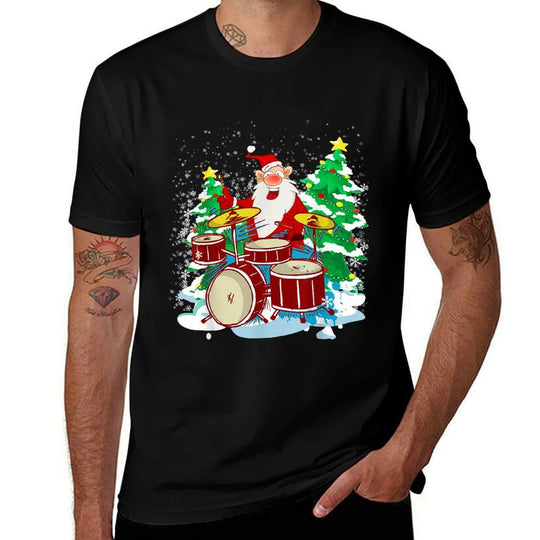 Funny Christmas Santa Playing The Drums Crazy Drummer Xmas  Rolled Sleeves T-Shirt
