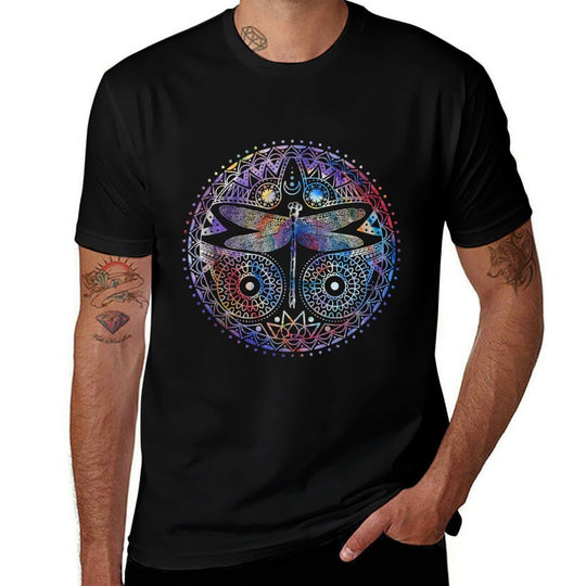 Colorful Dragonfly Crescent Moon Magical Mandala Design Gift  Ribbed Collar T-Shirt