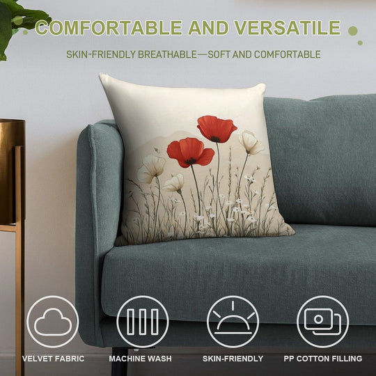 Red Poppies In Bloom Soft Reinforced Edging Throw Pillow