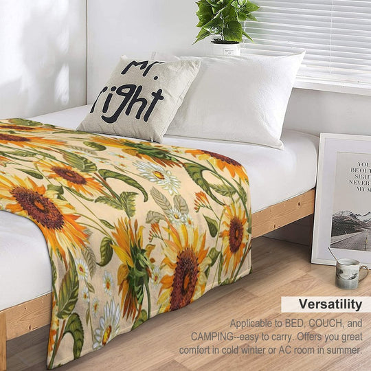 Sunflowers 70s Vintage Golden Retro Pattern, Yellow And Orange Flowers Lightweight Throw Blanket