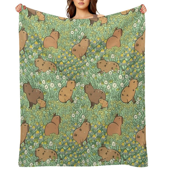 Capybaras Meadow in Green And Yellow Versatility Throw Blanket