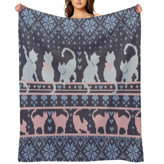 Fair Isle Knitting Cats Love  Dark Violet Background White And Violet Kitties And Details Quick-dry Throw Blanket