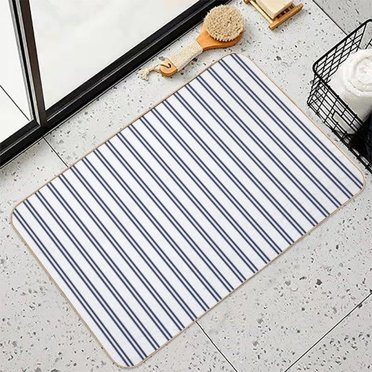 White And Navy Double Stripes  Eco-Friendly Bath Mat
