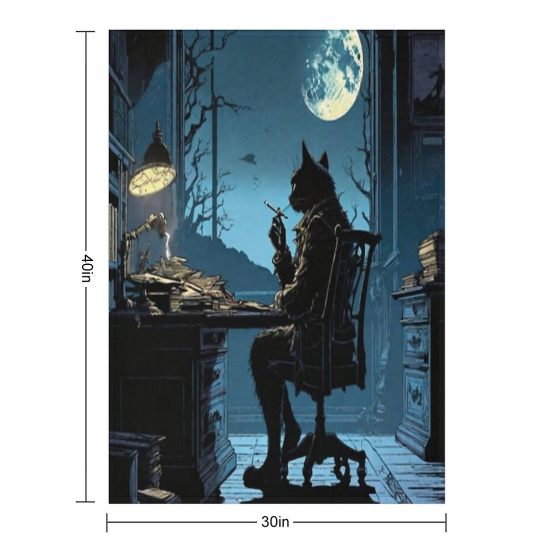 A Cat with A Cigarette in His Office in Front of The Moon Sustainable Throw Blanket