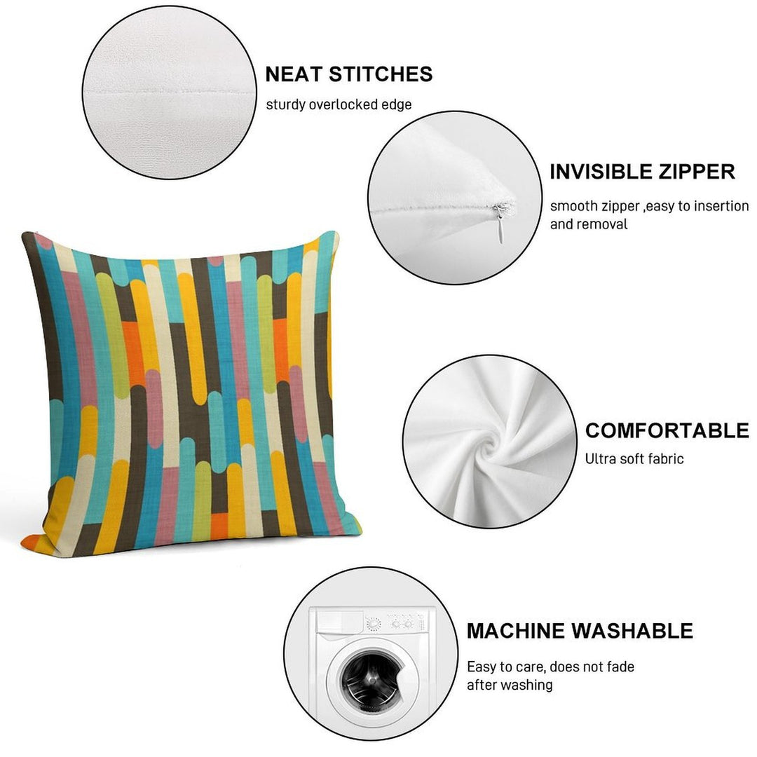 Retro Color Block Popsicle Sticks Blue Soft Washable Throw Pillow