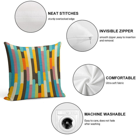 Retro Color Block Popsicle Sticks Blue Soft Washable Throw Pillow