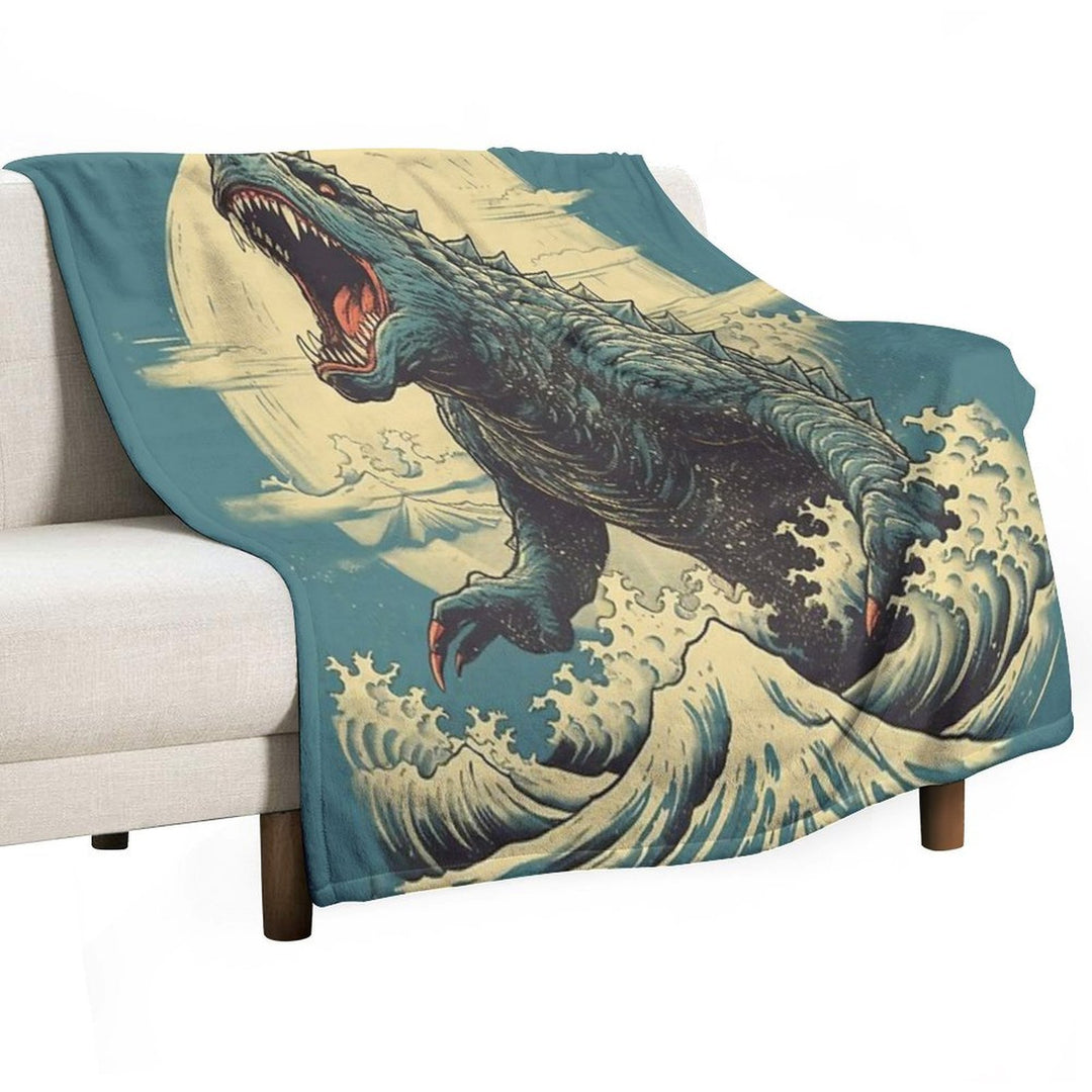 Vintage Japanese Godzilla Great Wave Plush Throw Blanket
