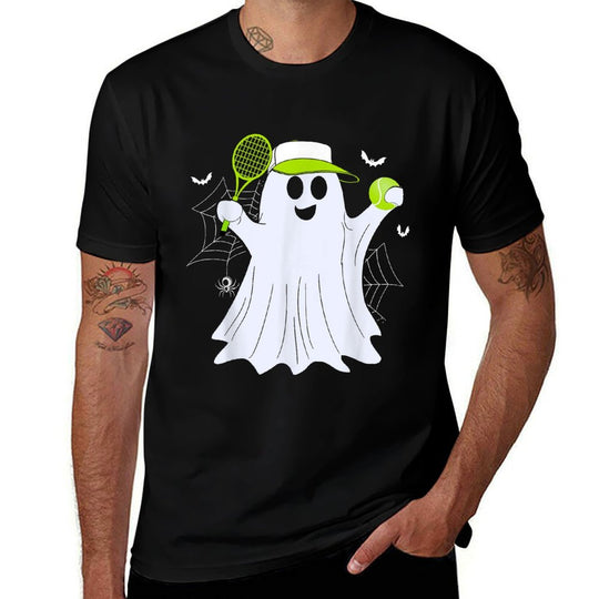 Boo Ghost Playing Tennis Funny Halloween Tennis Costume  Wrinkle-resistant T-Shirt