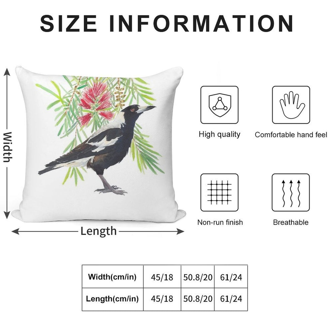 Australian Magpie And Bottlebrush Tree Branch with Red Flowers Watercolour Soft Easy Maintenance Throw Pillow