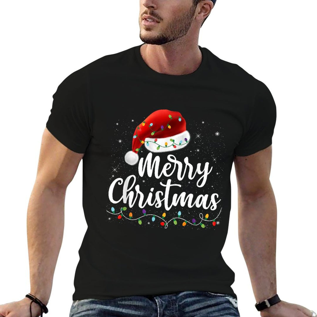 Merry Christmas Lights Red Santa Hat Xmas Family Men Women  Tagless Design T-Shirt