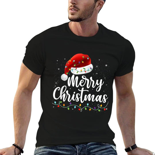 Merry Christmas Lights Red Santa Hat Xmas Family Men Women  Tagless Design T-Shirt