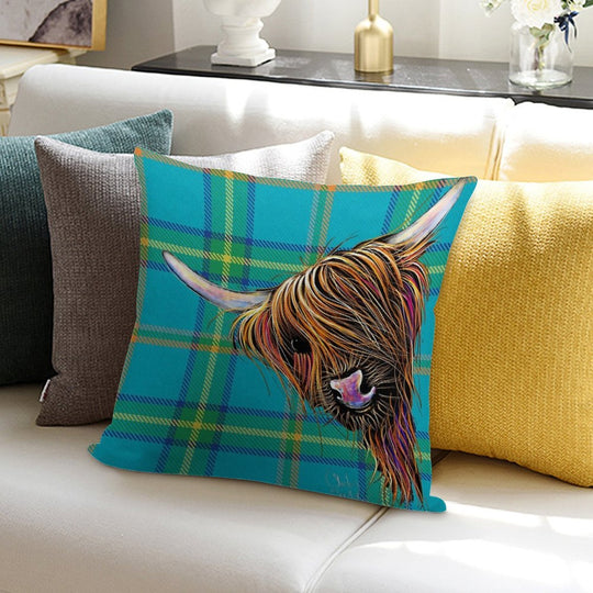 SCoTTiSH HiGHLaND CoW ' TaRTaN NooDLeS B ' by SHiRLeY MacARTHuR Soft Multiple Sizes Throw Pillow