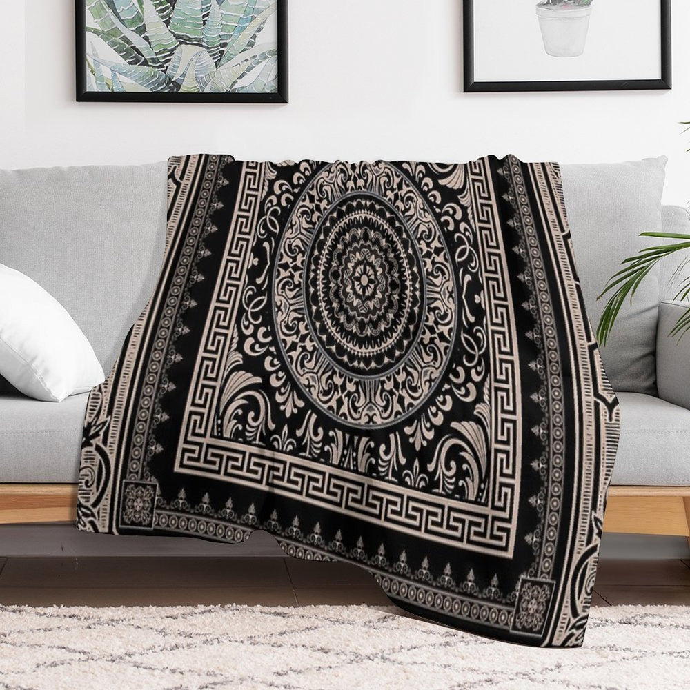 Ornate Baroque Black Khaki Greek Key Sustainable Throw Blanket