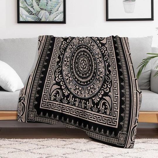 Ornate Baroque Black Khaki Greek Key Sustainable Throw Blanket