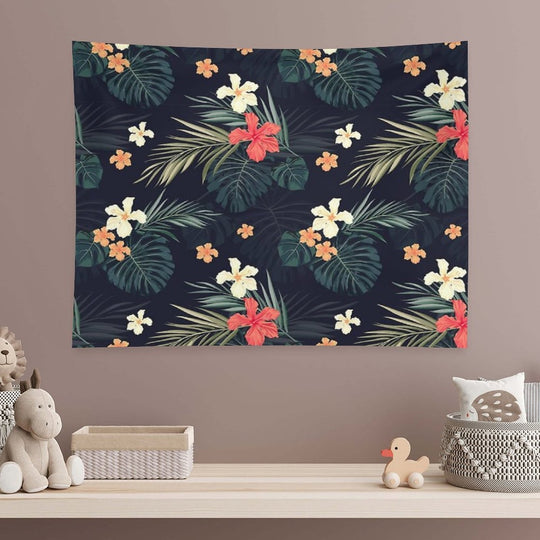 Dark Tropical Flowers Tapestry