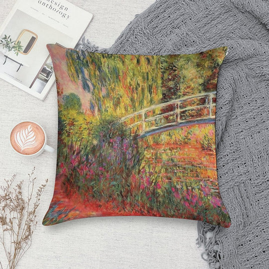 Monet The Japanese Bridge (The Water-Lily Pond, Water Irises) Soft Short Plush Fabric Throw Pillow