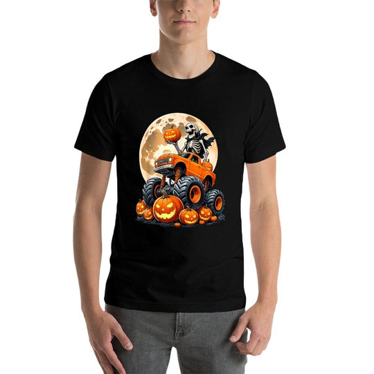 Skeleton Riding Monster Truck Halloween Pumpkin Kids Toddler  Soft T-Shirt