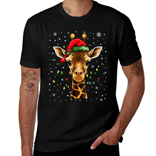 Cute Giraffe Christmas Lights Santa Hat Xmas Pajama  Heathered Texture T-Shirt