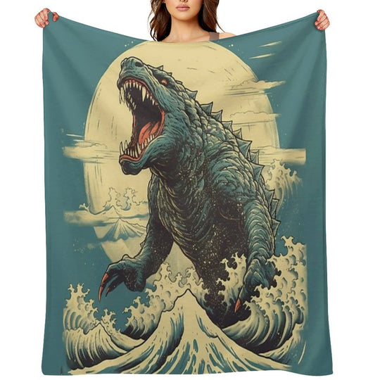 Vintage Japanese Godzilla Great Wave Plush Throw Blanket
